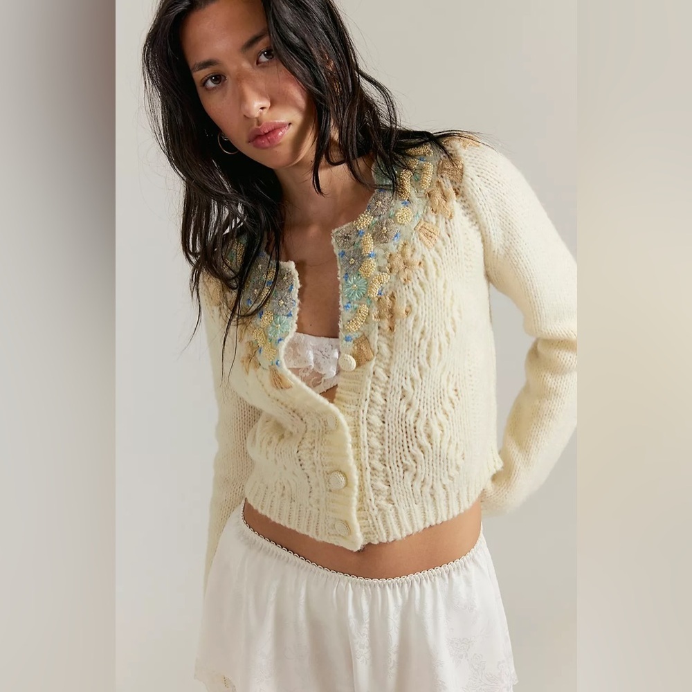 Free People Pixie Beaded Floral Cardigan S